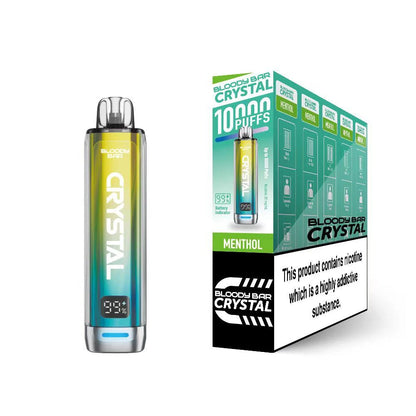 Bloody Bar Crystal 10k vape device in "Menthol" flavour with colourful packaging on a white background