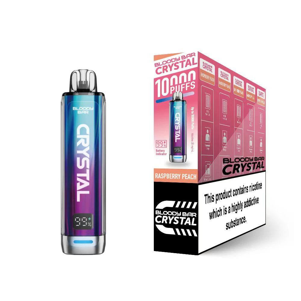 Bloody Bar Crystal 10k vape device in "Raspberry Peach" flavour with colourful packaging on a white background