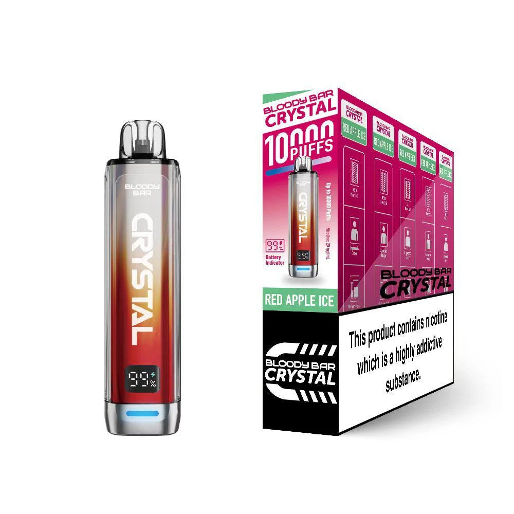 Bloody Bar Crystal 10k vape device in "Red Apple Ice" flavour with colourful packaging on a white background