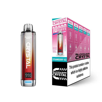 Bloody Bar Crystal 10k vape device in "Strawberry Ice" flavour with colourful packaging on a white background