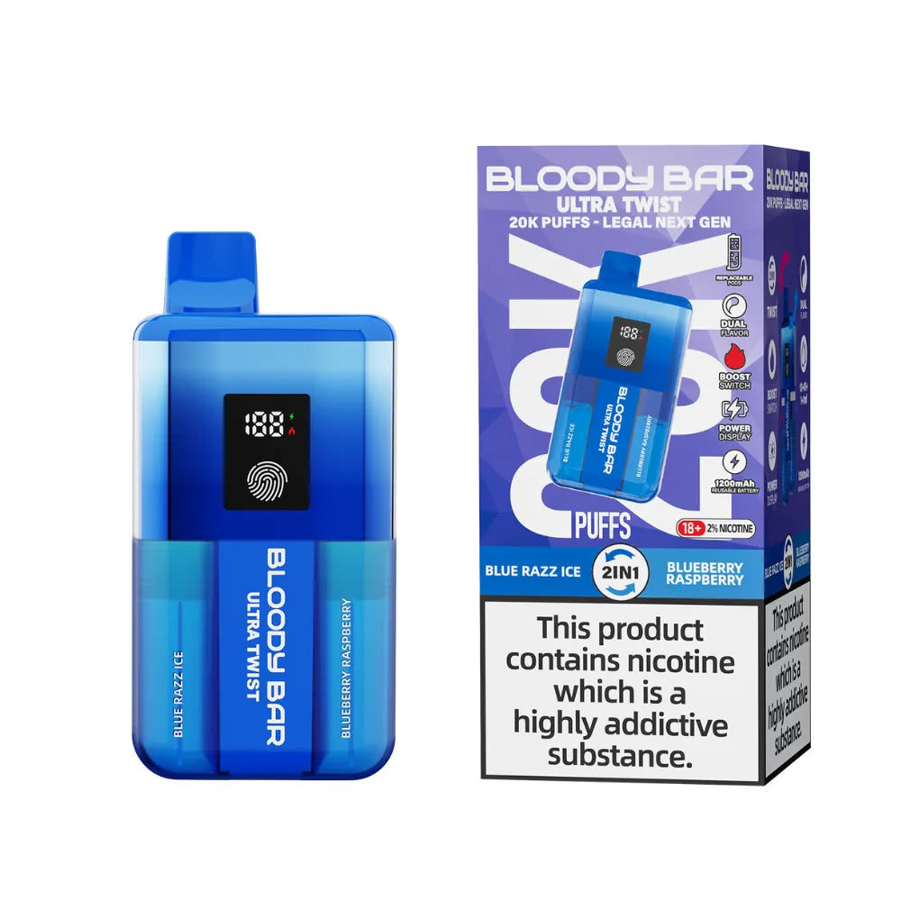 Blue vape device with digital display and packaging on a white background