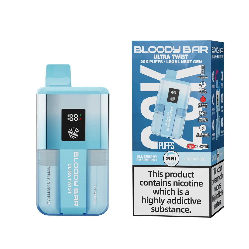 Blue vape device with 'Bloody Bar' branding next to its packaging on a white background.