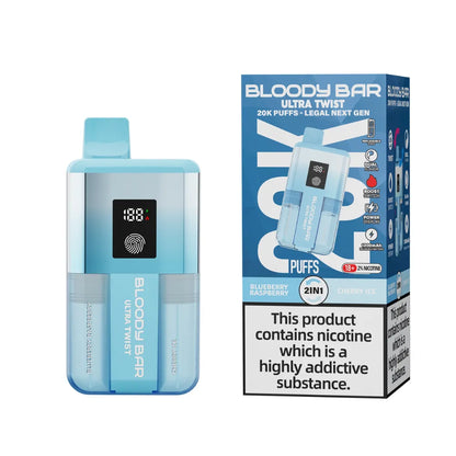 Blue vape device with 'Bloody Bar' branding next to its packaging on a white background.