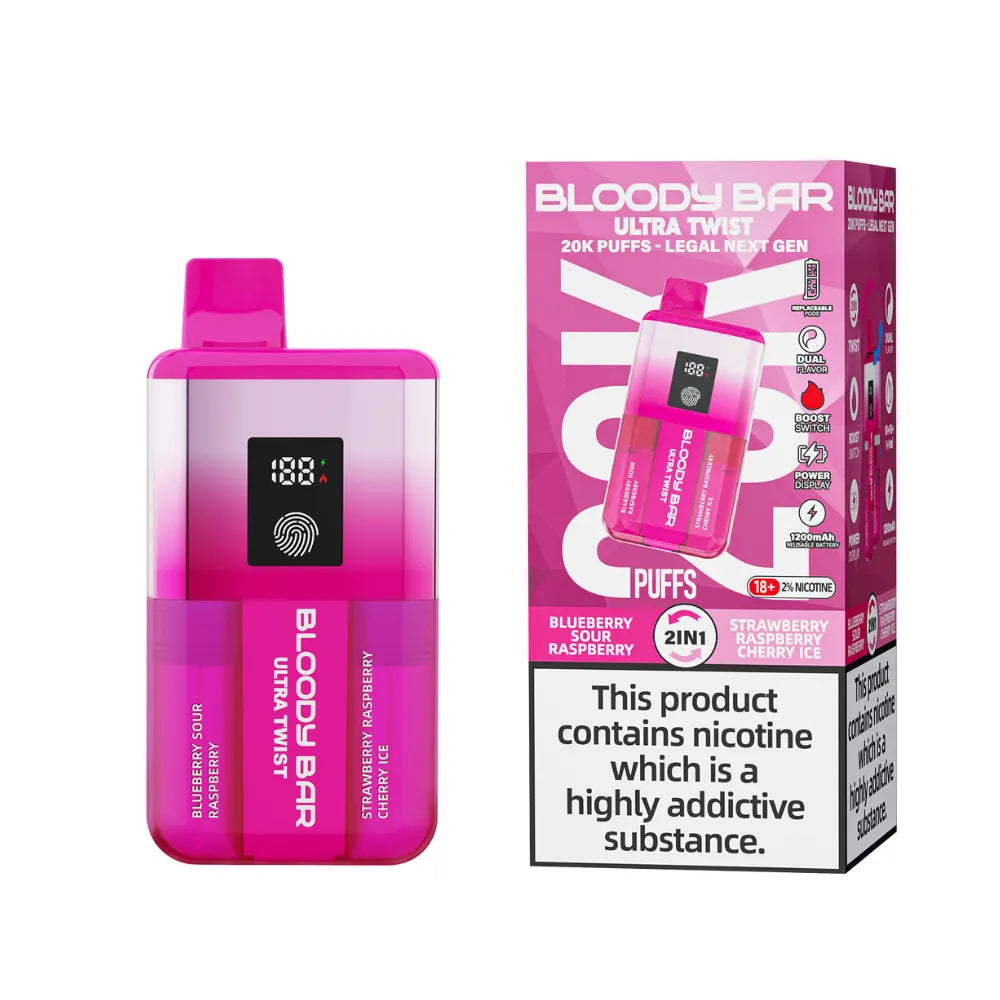 Pink vape device with 'Bloody Bar' branding and packaging on a white background.