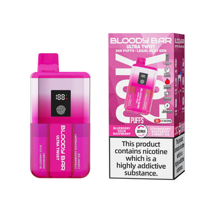 Pink vape device with 'Bloody Bar' branding and packaging on a white background.