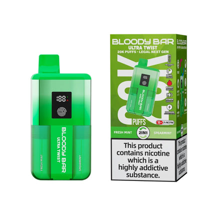 Green vape device and packaging with 'Bloody Bar' branding on a white background.