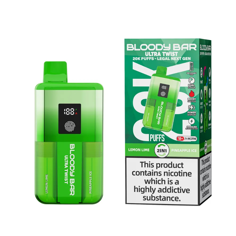 Green vape device and packaging with 'Bloody Bar' branding on a white background
