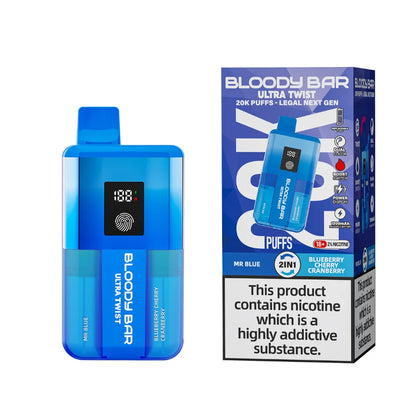 Blue vape device with digital display and packaging on a white background