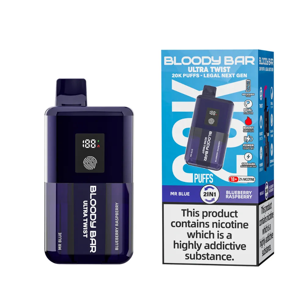 Vaping device and packaging with 'Bloody Bar' branding on a white background