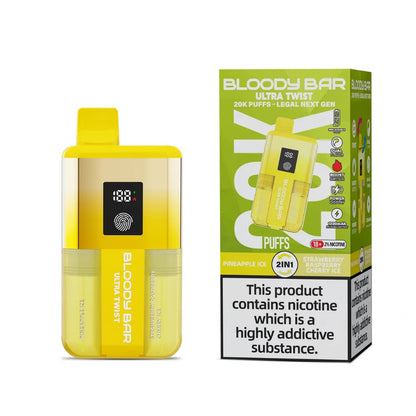 Yellow vape device with Bloody Bar branding next to its packaging on a white background.