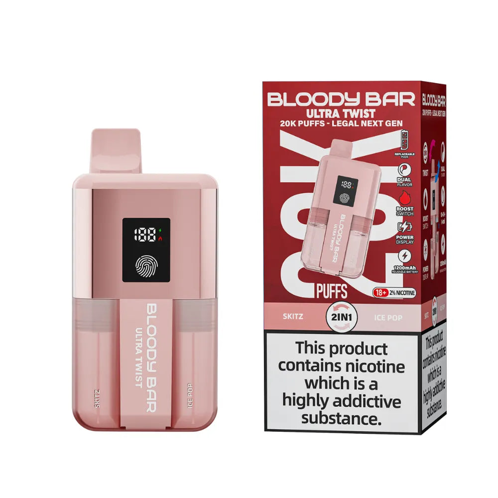 Pink vape device with digital display and packaging labeled 'Bloody Bar' on a white background.