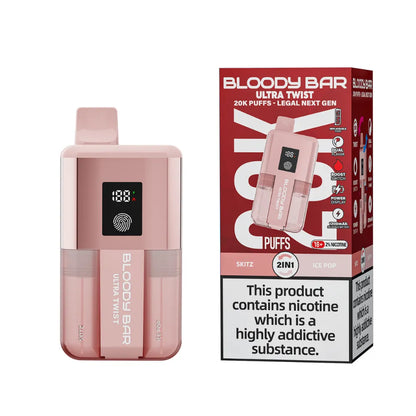 Pink vape device with digital display and packaging labeled 'Bloody Bar' on a white background.