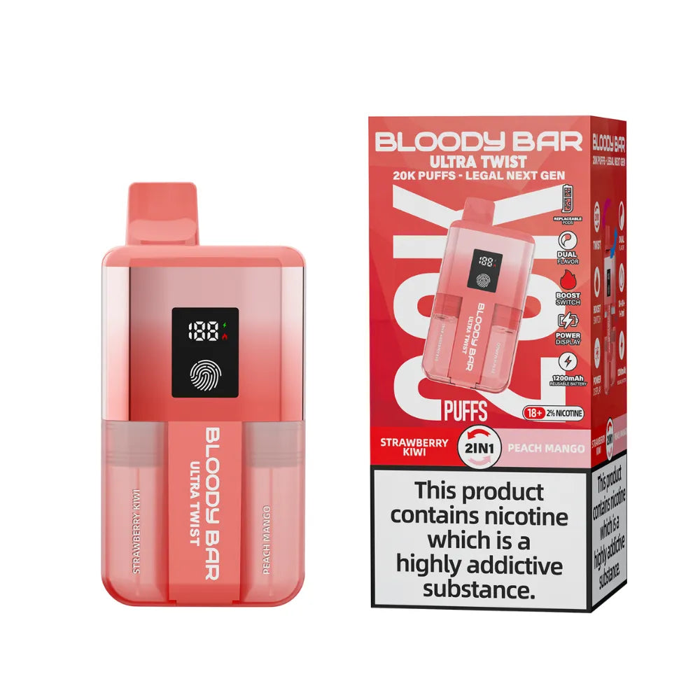 Vape device and packaging with 'Bloody Bar' branding on a white background