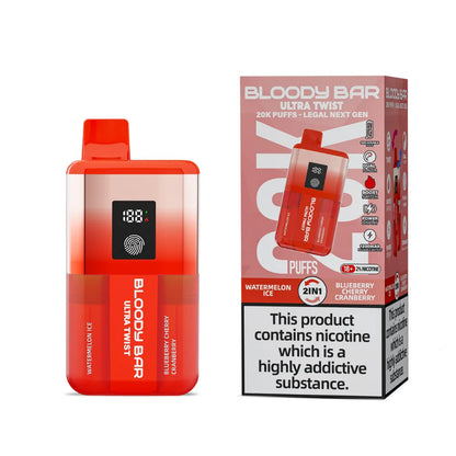Red vape device with digital display and packaging labeled 'Bloody Bar' on a white background.
