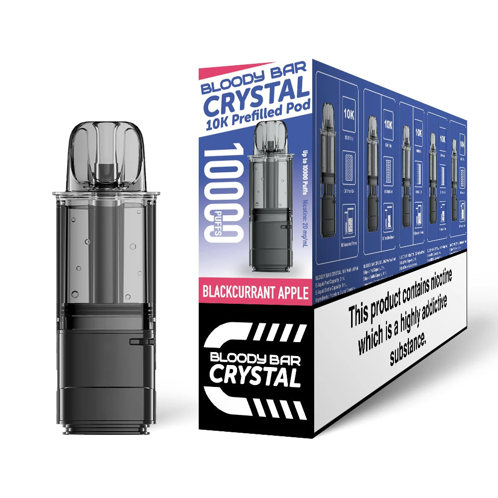 Bloody Bar Crystal 10k refill pod in "Blackcurrant Apple" flavour beside coloured outer packaging on a white background.