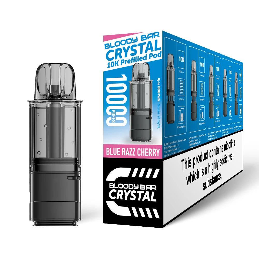 Bloody Bar Crystal 10k refill pod in "Blue Razz Cherry" flavour beside coloured outer packaging on a white background.
