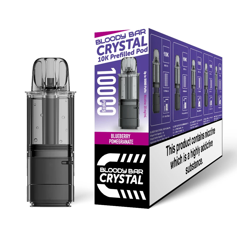 Bloody Bar Crystal 10k refill pod in "Blueberry Pomegranate" flavour beside coloured outer packaging on a white background.