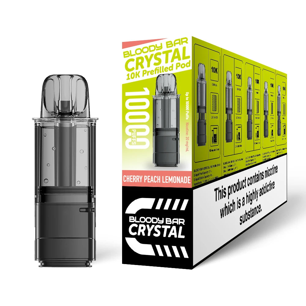 Bloody Bar Crystal 10k refill pod in "Cherry Peach Lemonade" flavour beside coloured outer packaging on a white background.