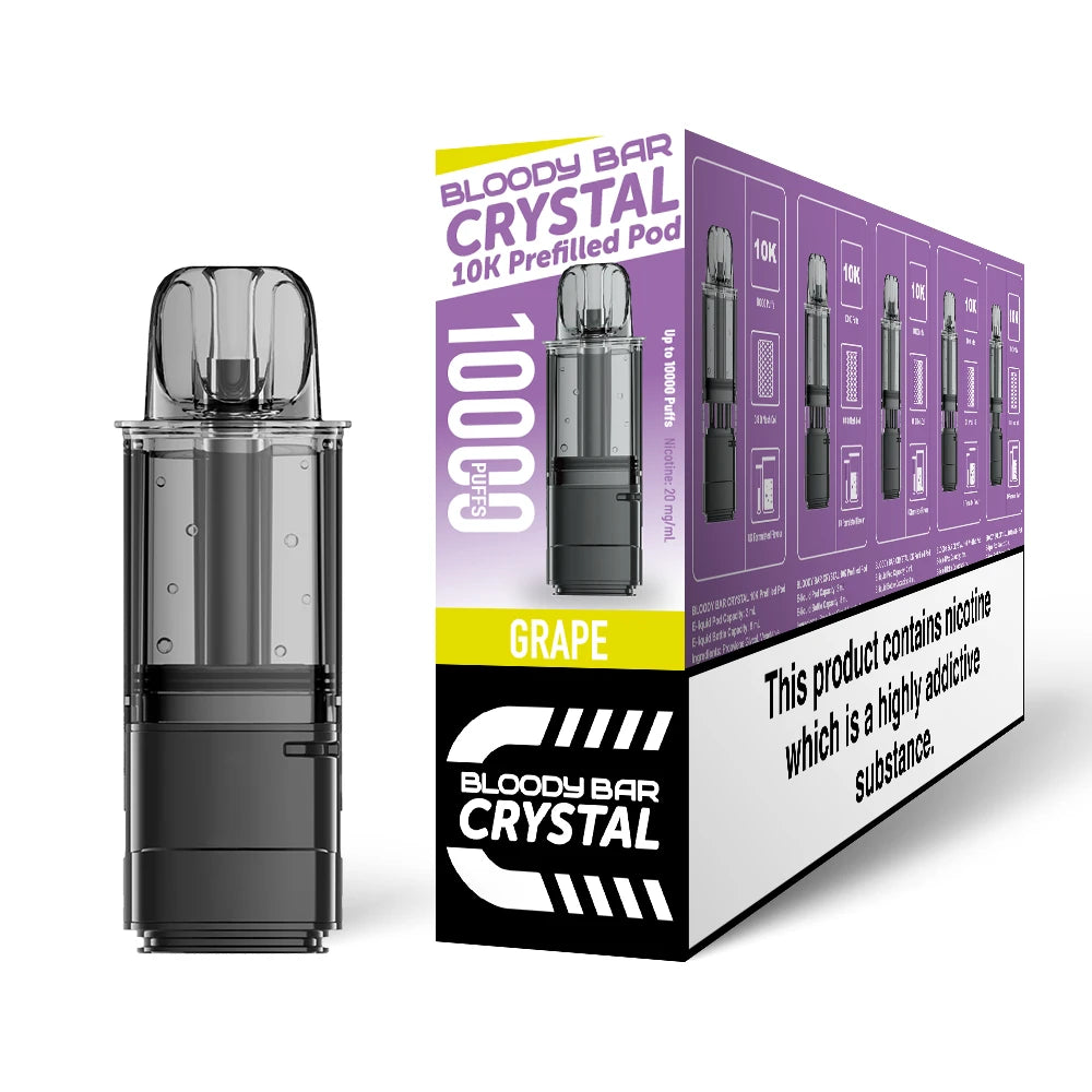 Bloody Bar Crystal 10k refill pod in "Grape" flavour beside coloured outer packaging on a white background.