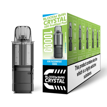 Bloody Bar Crystal 10k refill pod in "Kiwi Passionfruit Guava" flavour beside coloured outer packaging on a white background.