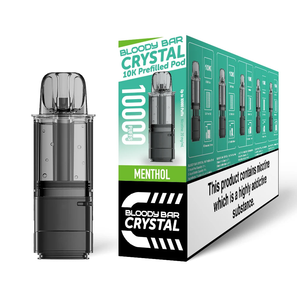 Bloody Bar Crystal 10k refill pod in "Menthol" flavour beside coloured outer packaging on a white background.