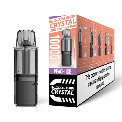 Bloody Bar Crystal 10k refill pod in "Peach Ice" flavour beside coloured outer packaging on a white background.
