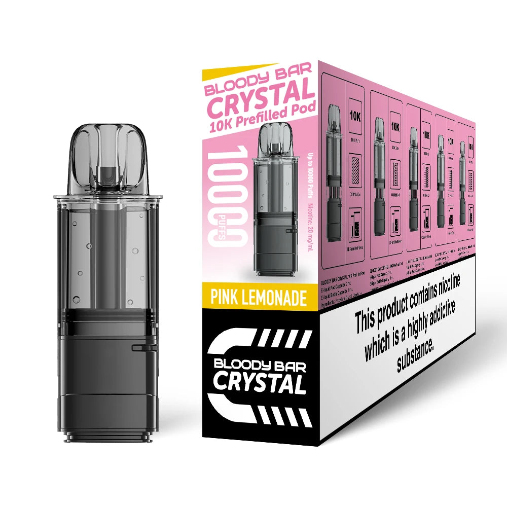 Bloody Bar Crystal 10k refill pod in "Pink Lemonade" flavour beside coloured outer packaging on a white background.