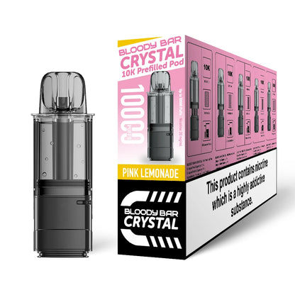 Bloody Bar Crystal 10k refill pod in "Pink Lemonade" flavour beside coloured outer packaging on a white background.