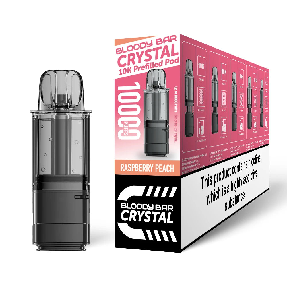Bloody Bar Crystal 10k refill pod in "Raspberry Peach" flavour beside coloured outer packaging on a white background.