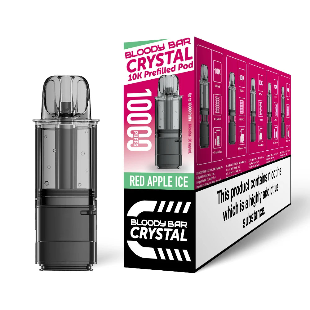 Bloody Bar Crystal 10k refill pod in "Red Apple Ice" flavour beside coloured outer packaging on a white background.