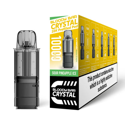 Bloody Bar Crystal 10k refill pod in "Sour Pineapple Ice" flavour beside coloured outer packaging on a white background.