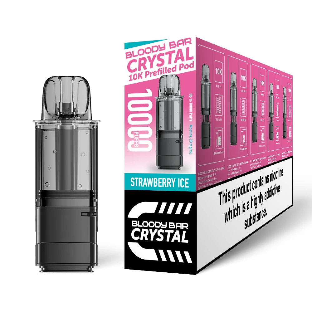 Bloody Bar Crystal 10k refill pod in "Strawberry Ice" flavour beside coloured outer packaging on a white background.