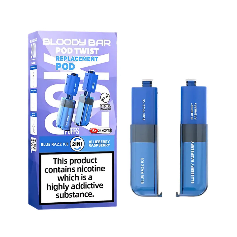 Bloody Bar pod twist replacement pod packaging with two blue pods blue razz ice/blueberry raspberry on a white background
