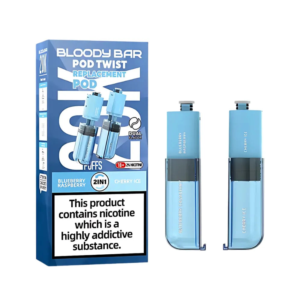 Bloody Bar pod twist replacement pod packaging with two pods blueberry raspberry/cherry ice on a white background