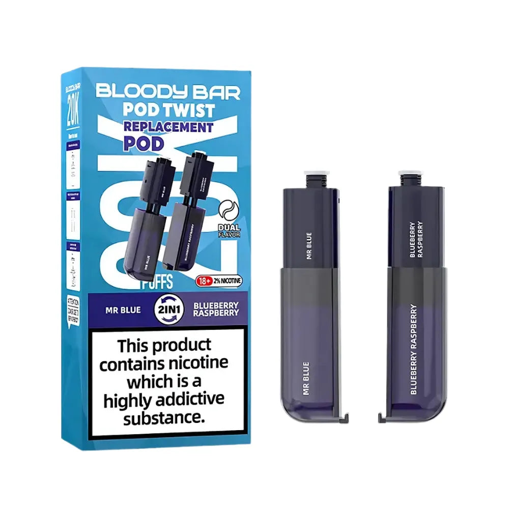 Bloody Bar pod twist replacement pod packaging with two pods mr blue/blueberry raspberry on a white background