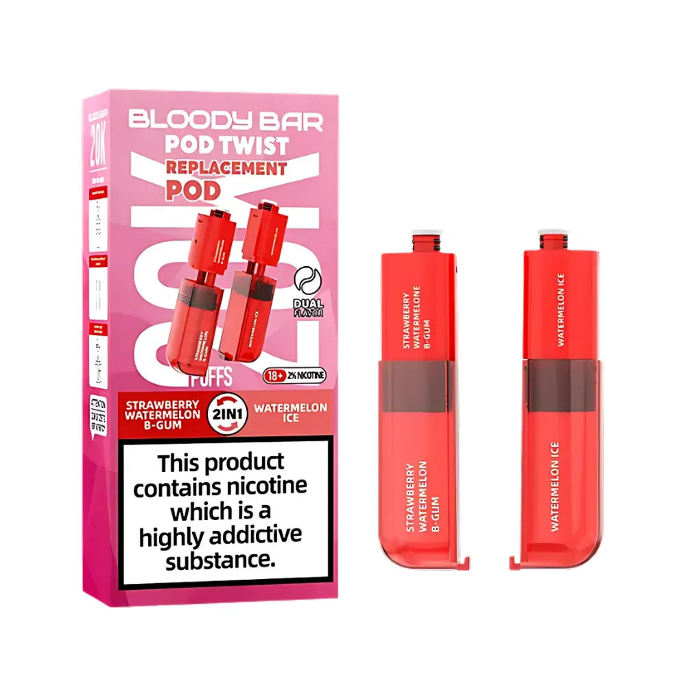 Bloody Bar pod twist replacement pod packaging with two pods strawberry watermelon bubblegum/watermelon ice on a white background