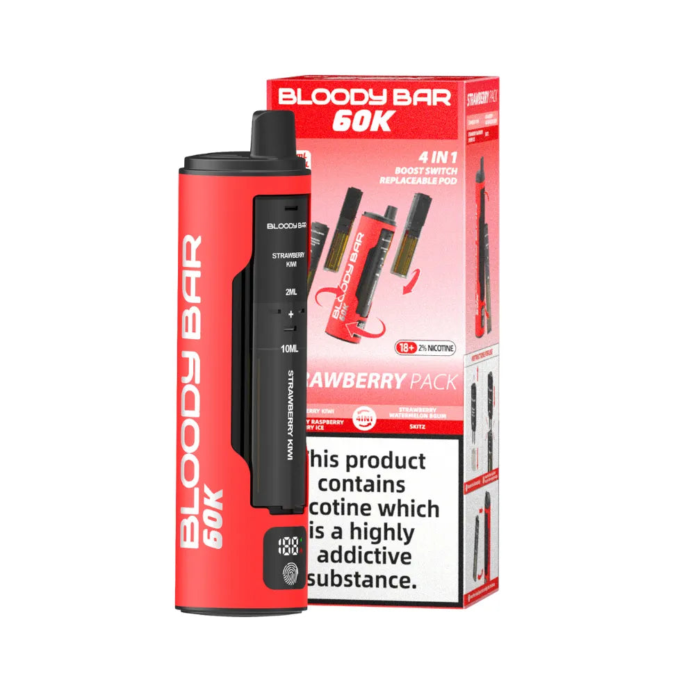 Red and black Bloody Bar 60K vape device with packaging on a white background