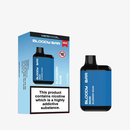 Blue Bloody Bar Blueberry BGum vape device and packaging on a white background