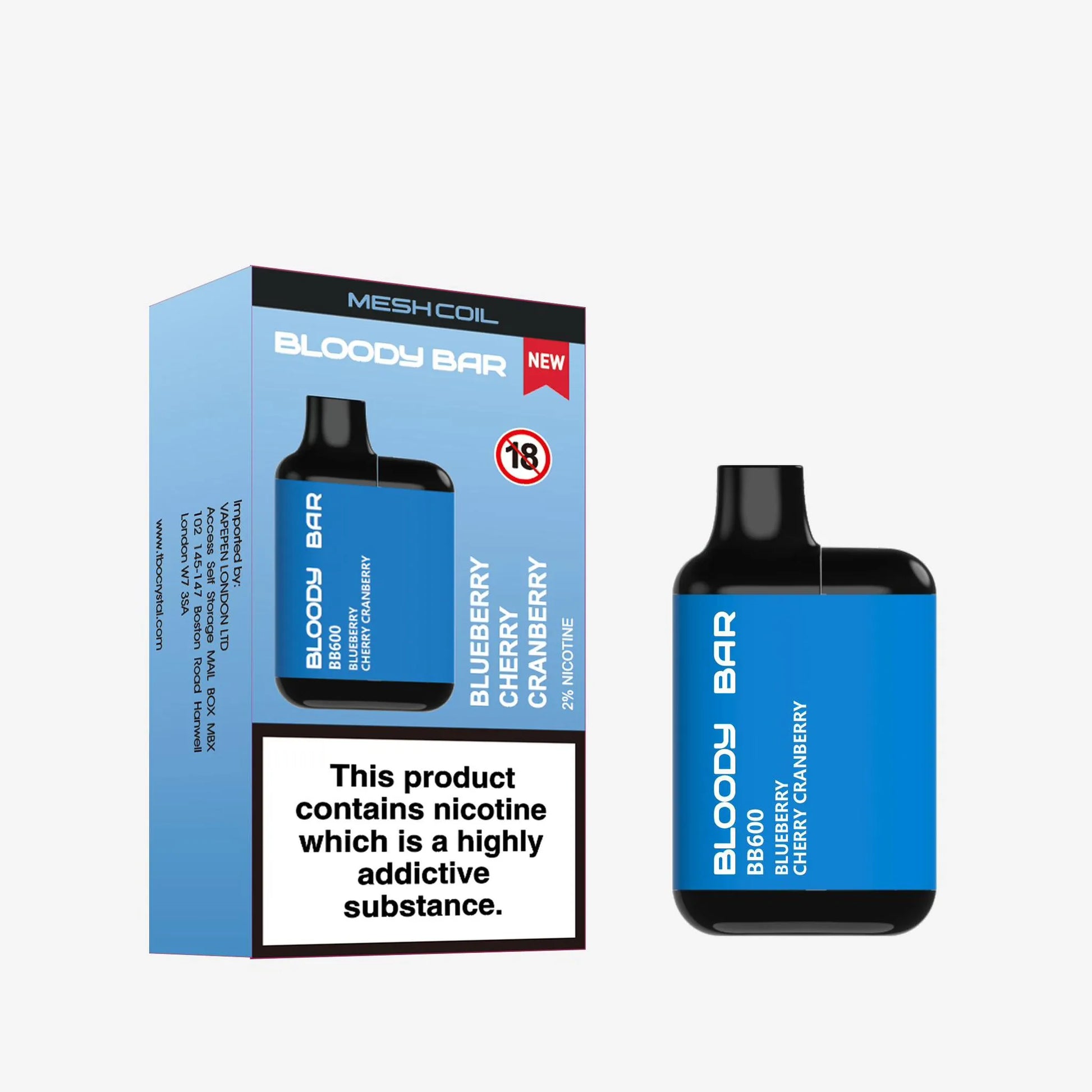 Bloody Bar Blueberry Cherry Cranberry vape device and packaging on a white background