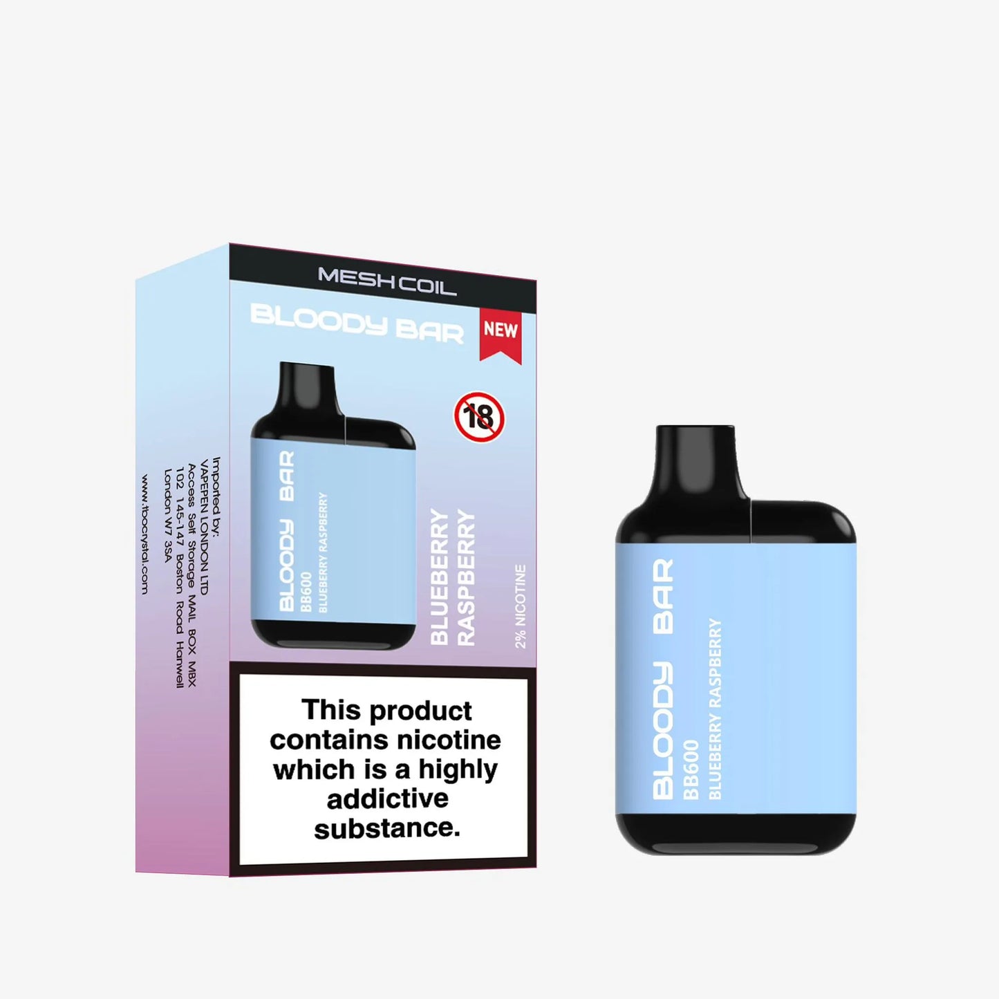Bloody Bar Blueberry Raspberry vape device and packaging on a white background