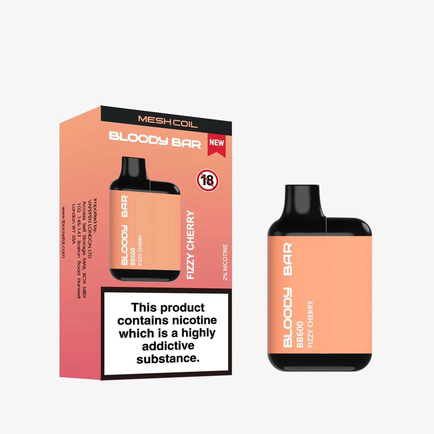 Bloody Bar Fizzy Cherry vape device and packaging on a white background