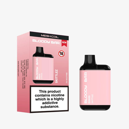 Pink Bloody Bar Skittlez vape device and packaging on a white background