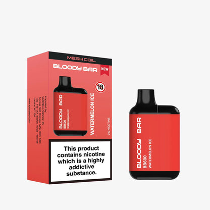 Red Bloody Bar Watermelon Ice vape device and packaging on a white background