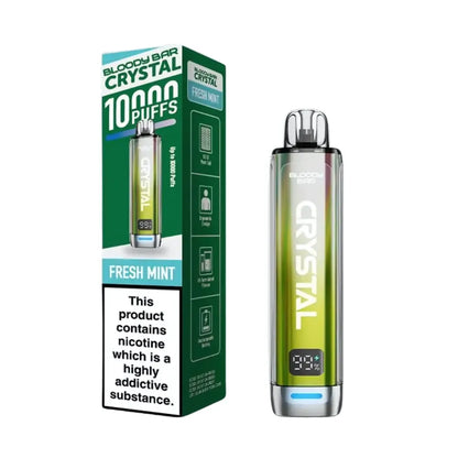 Vape device and packaging with 'Bloody Bar Crystal' branding on a white background