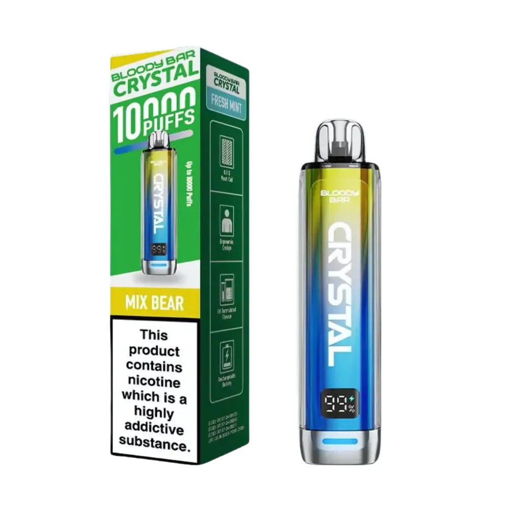 Vape device with 'Crystal' branding and packaging on a white background