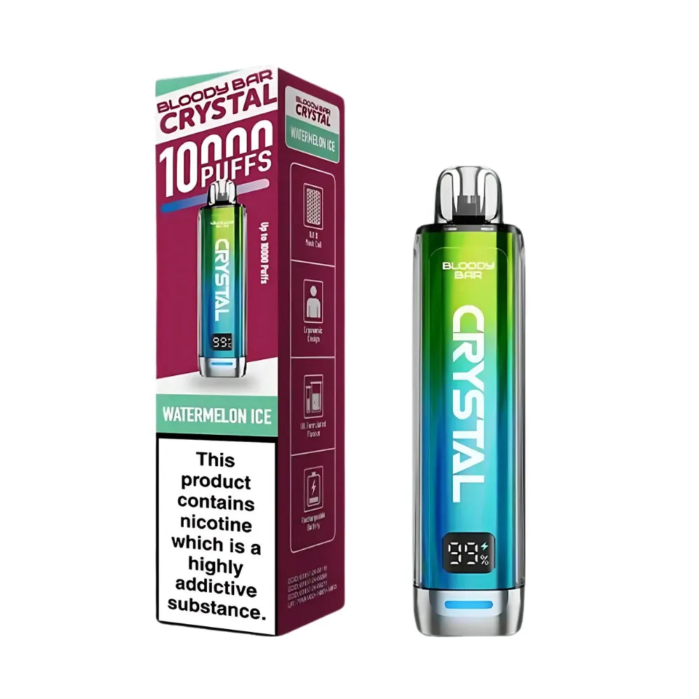 Vape device and packaging with 'Crystal' branding on a white background