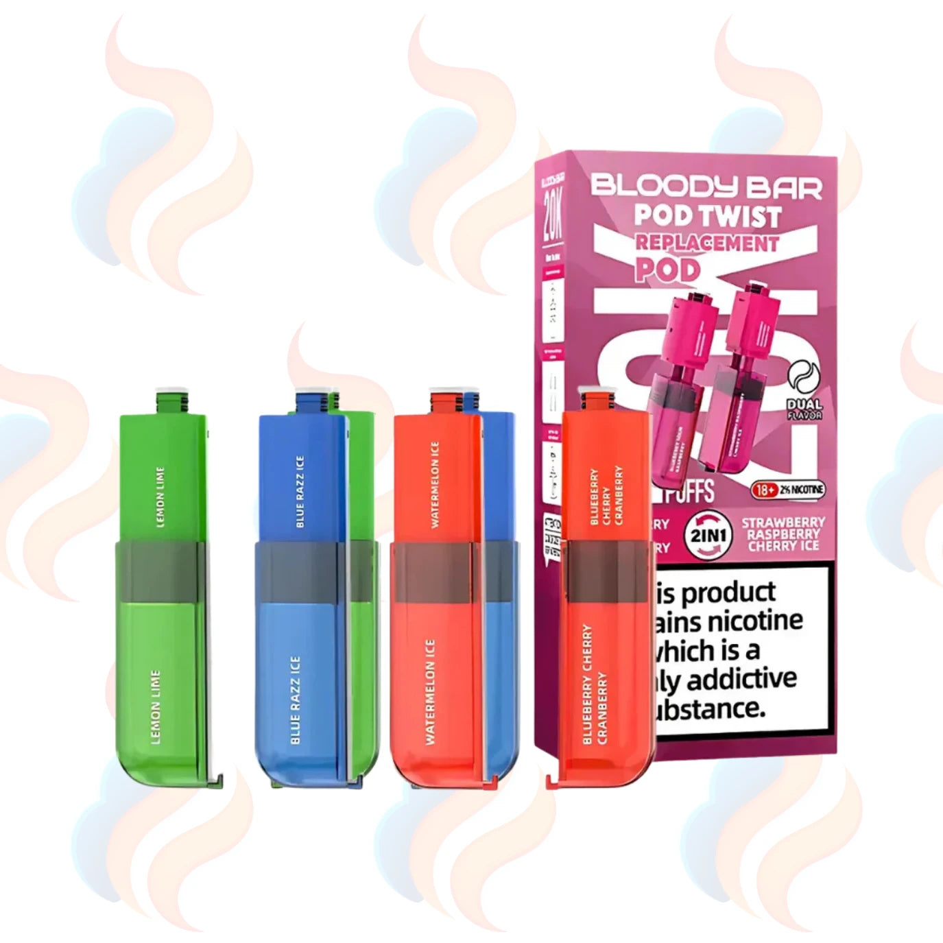 Three Bloody Bar Pod Twist 20K refills on a white background with UK Vape Supply Logo