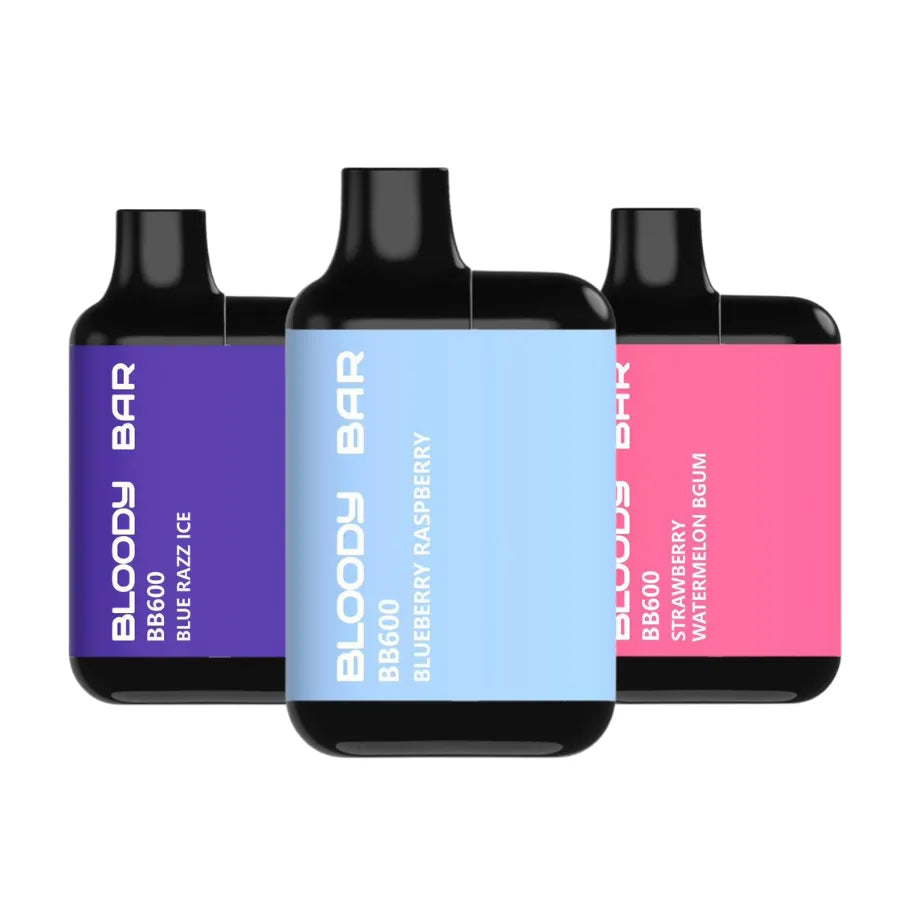 Three Bloody Bar vape devices with different colored labels on a white background