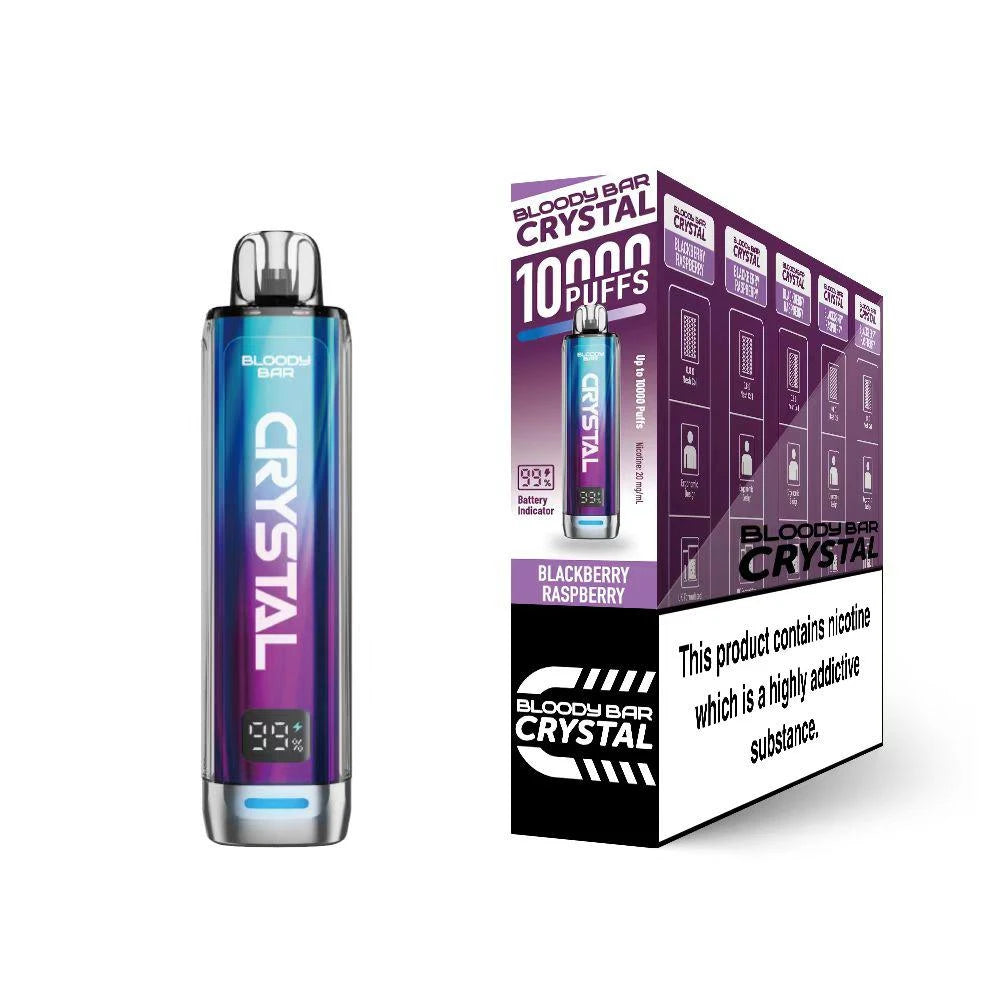 Bloody Bar Crystal 10k vape device in "Blackberry Raspberry" flavour with colourful packaging on a white background