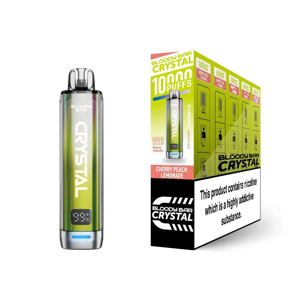 Bloody Bar Crystal 10k vape device in "Cherry Peach Lemonade" flavour with colourful packaging on a white background